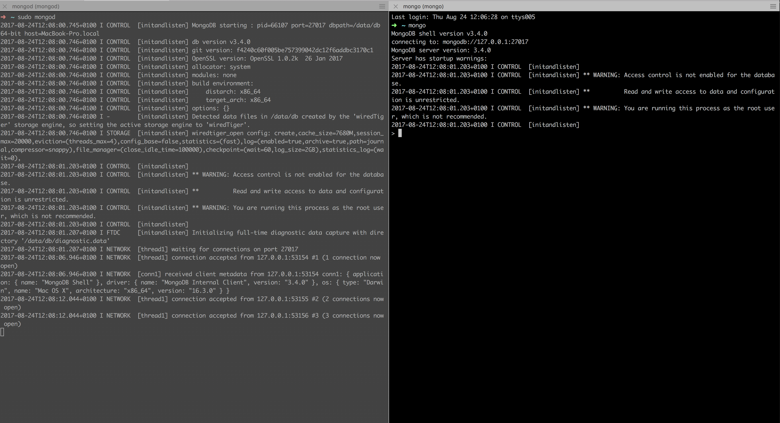 mongod and mongo running on two separate terminals