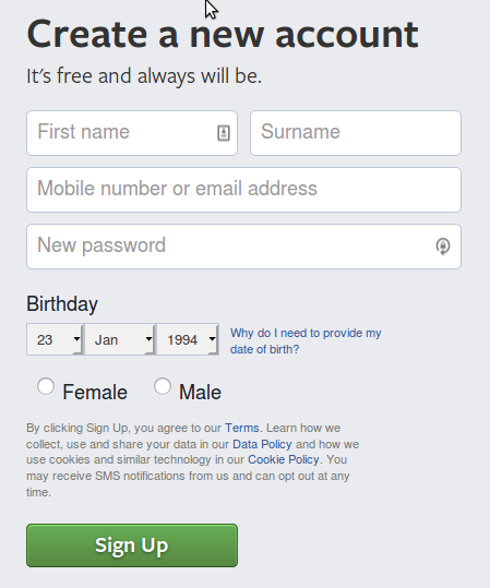 Screenshot of the Facebook signup form